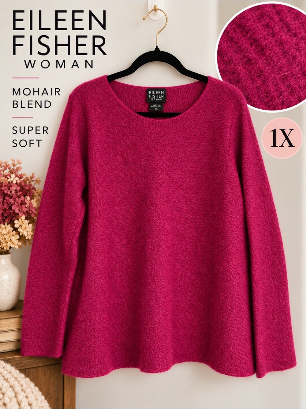 Eileen Fisher 1X Fuschia Kid Mohair Blend Super Soft Knit Sweater Pullover